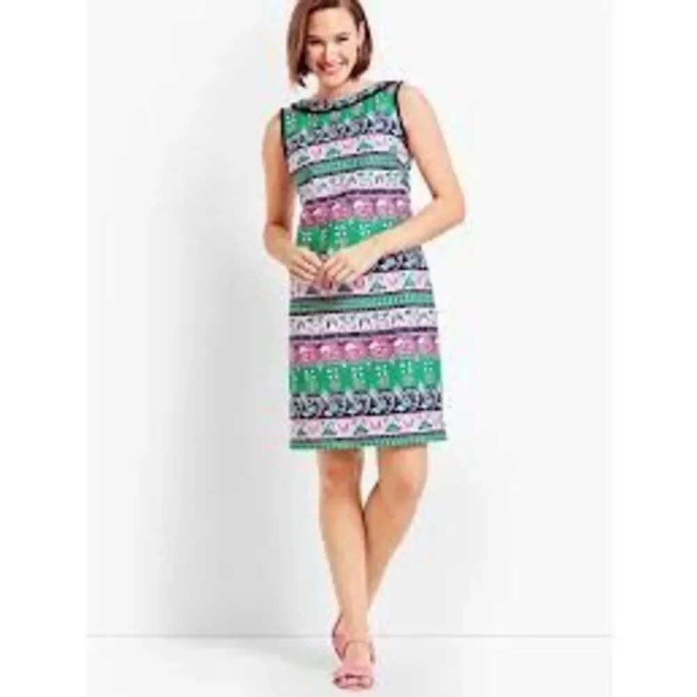 Talbots 12 Sleeveless Collared Knee Length Dress Pink Green Palm Beach Retro 70s